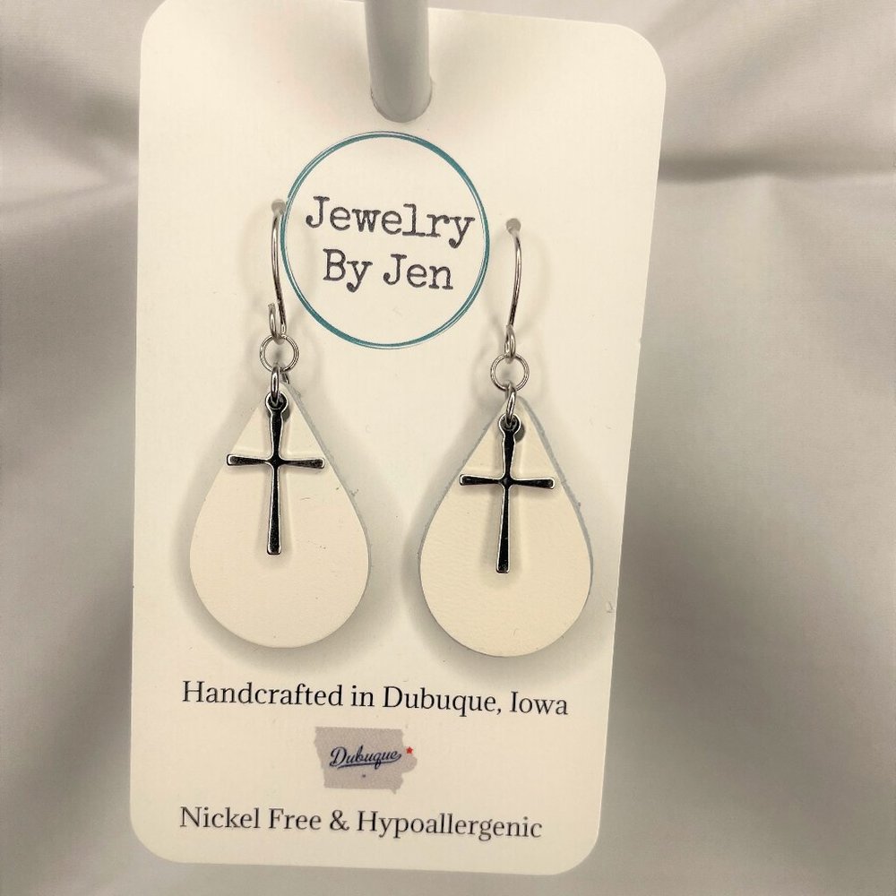 Leather white tear drop earrings